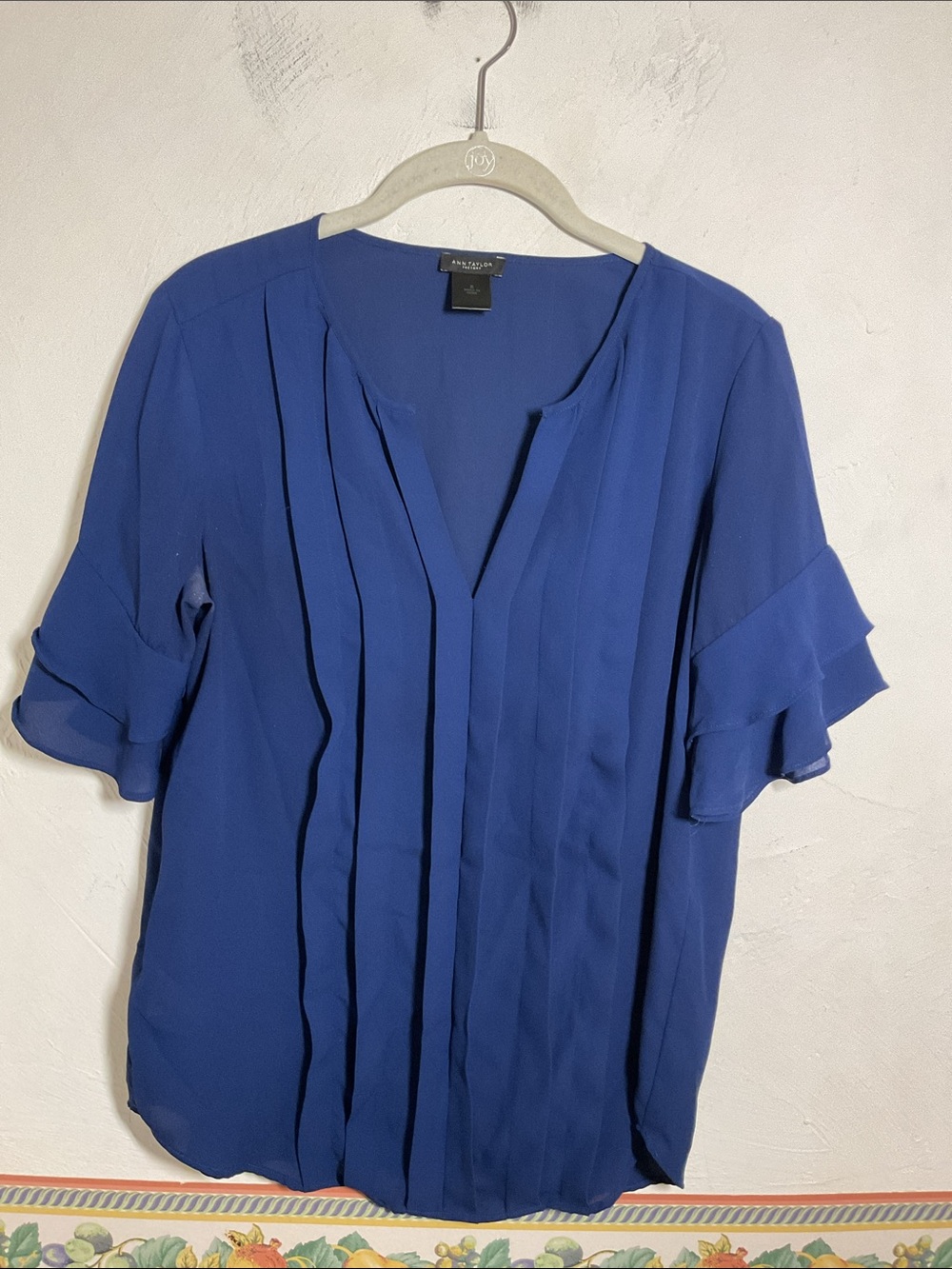 Ann Taylor Factory Royal Blue Pleated Slit Neck Ruffle Sleeve Blouse, Size S
